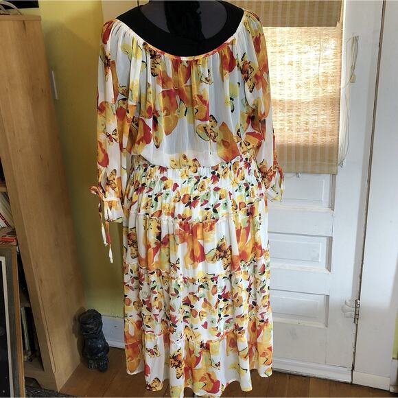 Fig & Flower Anthropologie Floral Chiffon Dress Size 2X 3/4 Sleeve Midi Flirty - Picture 4 of 11